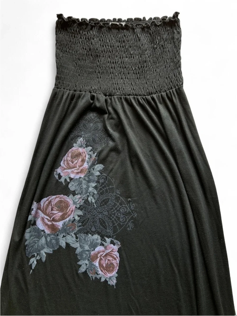 Vintage Y2K Whimsigoth Goth Rose Strapless Maxi Dress Grunge Size L Stretchy